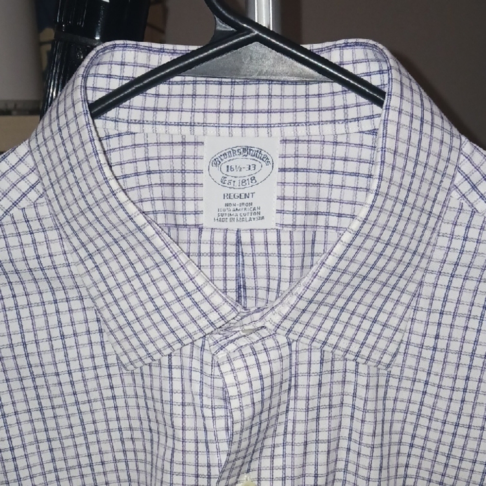 Brooks Brothers Men's White and Blue Checkered Shirt